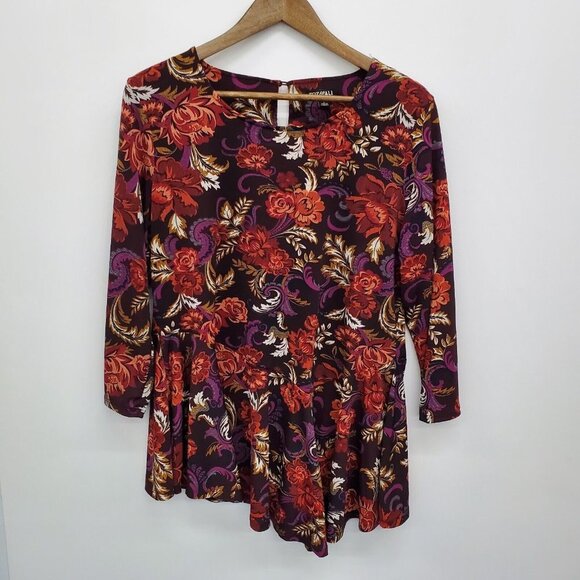 Roz & Ali Womens Floral Asymmetric Tunic Top Size L Multicolor 3/4 Sleeve Career - Picture 1 of 12